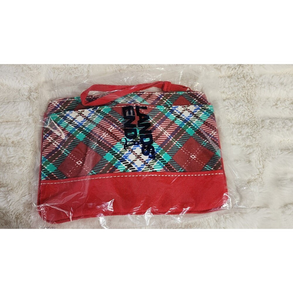 Land's End New Canvas Zipper Pouch Med 514761 Wristlet Plaid Red Green Holiday